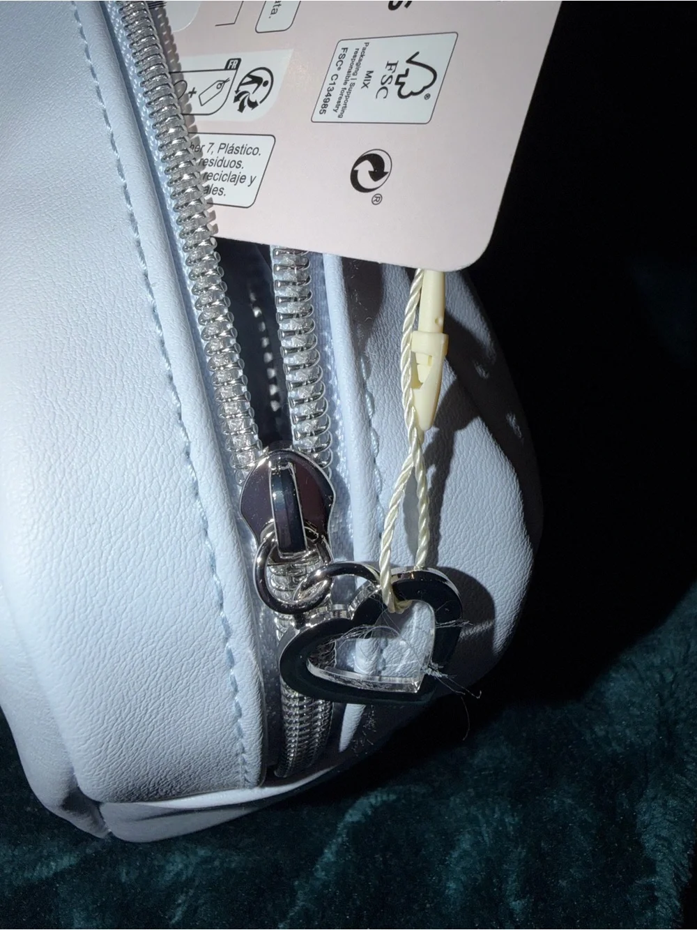 Light Blue Faux Leather Marie Makeup Bag with Heart Zip Charm